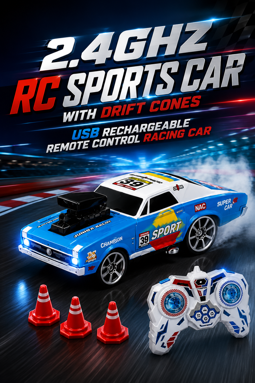 2.4GHz RC Sports Car with Drift Cones | USB Rechargeable Remote Control Racing Car