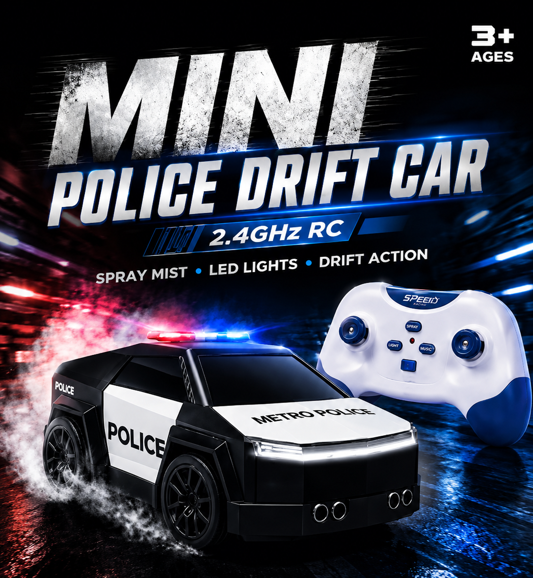 2.4GHz RC Mini Police Drift Car with Spray Mist & LED Lights | Remote Control Toy Car